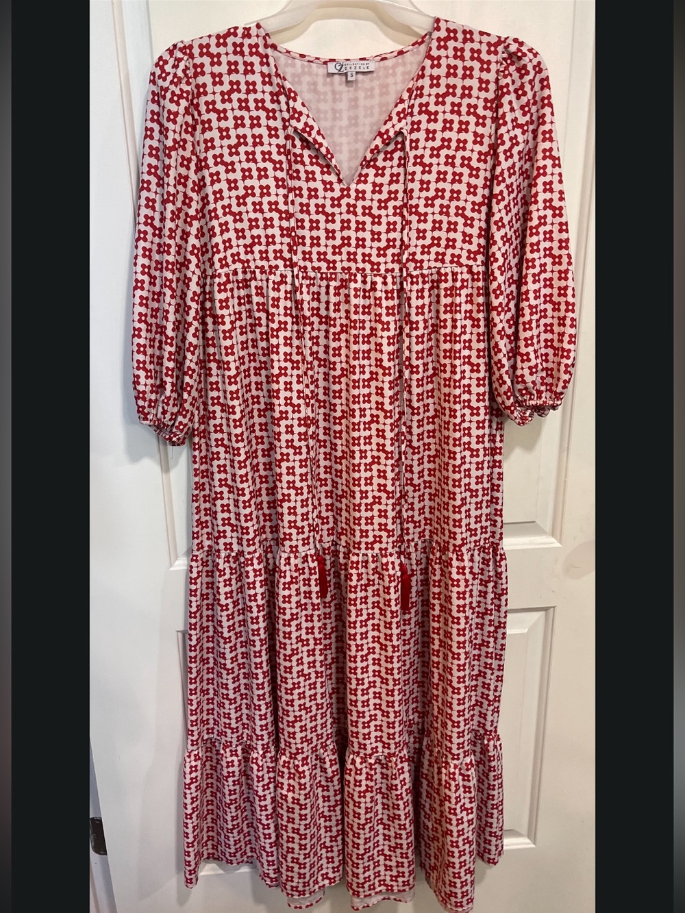 Red Patterned Maxi Dress with V-Neck and Puff Sleeves